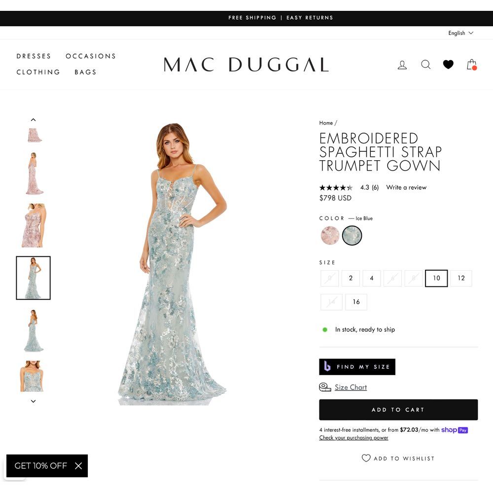 NWT $798 Mac Duggal [ 10 ] 79297 Embroidered‎ Spaghetti Strap Trumpet Gown Blue - Picture 3 of 16